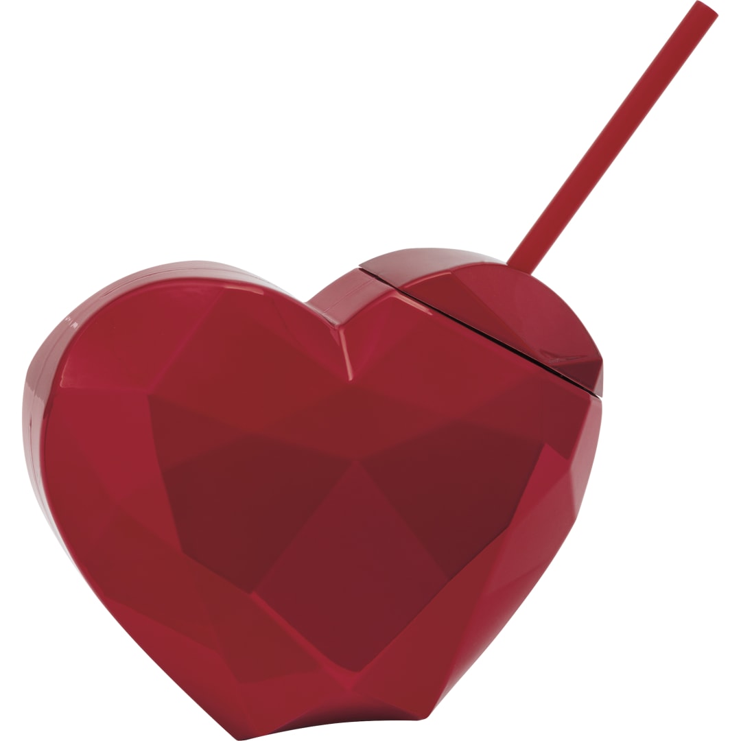 Red Metallic Faceted Heart Shaped 24oz Reusable Plastic Cup with Straw