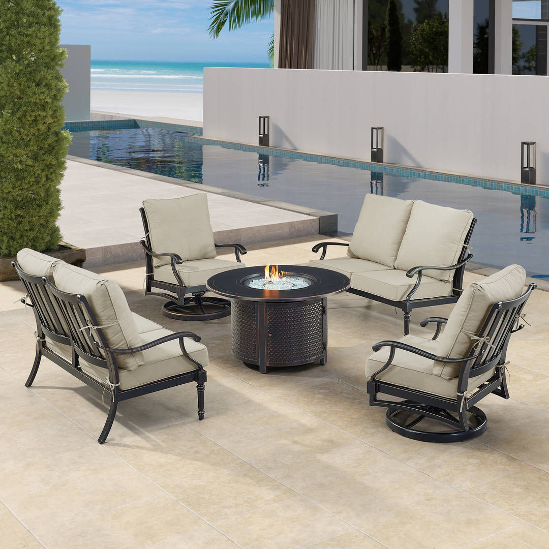 Black Aluminum Patio Fire Table Set with Two Deep Seating Loveseat with Cushions and Two Club Chairs