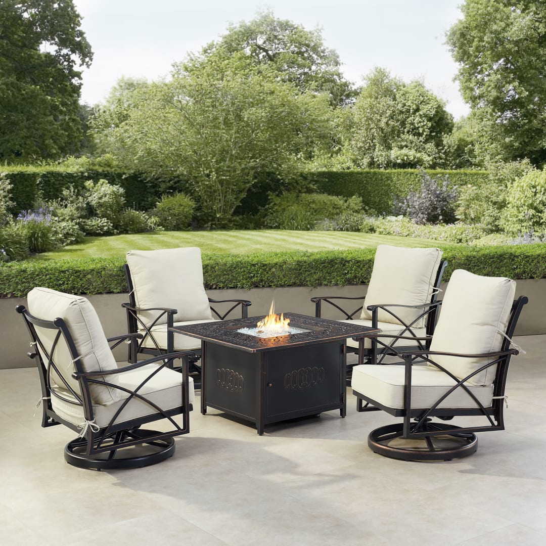 Black Aluminum Patio Fire Table Set with Four Club Chairs