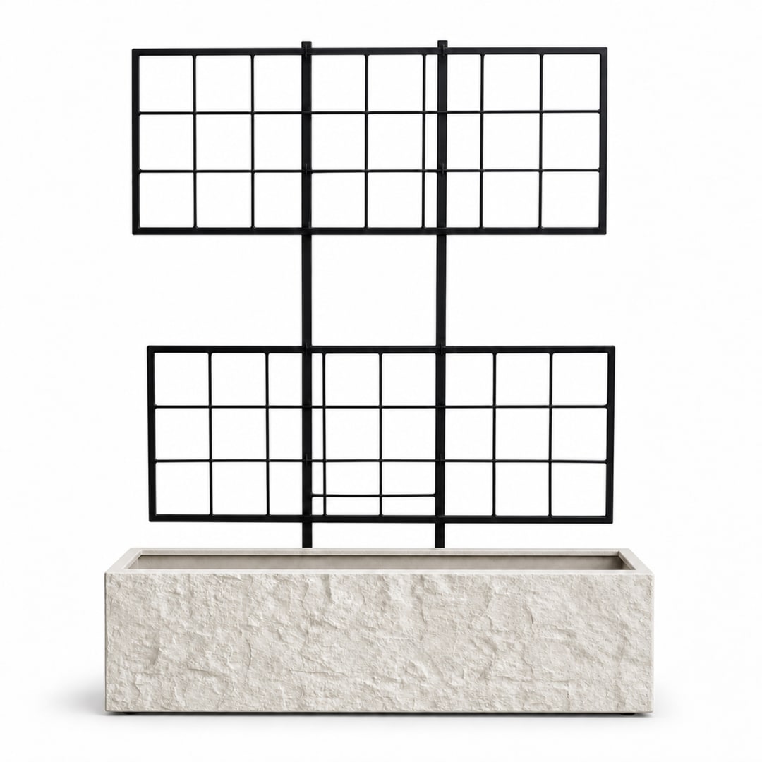 Rock Texture Rectangular Polystone Planter with Steel Trellis, White