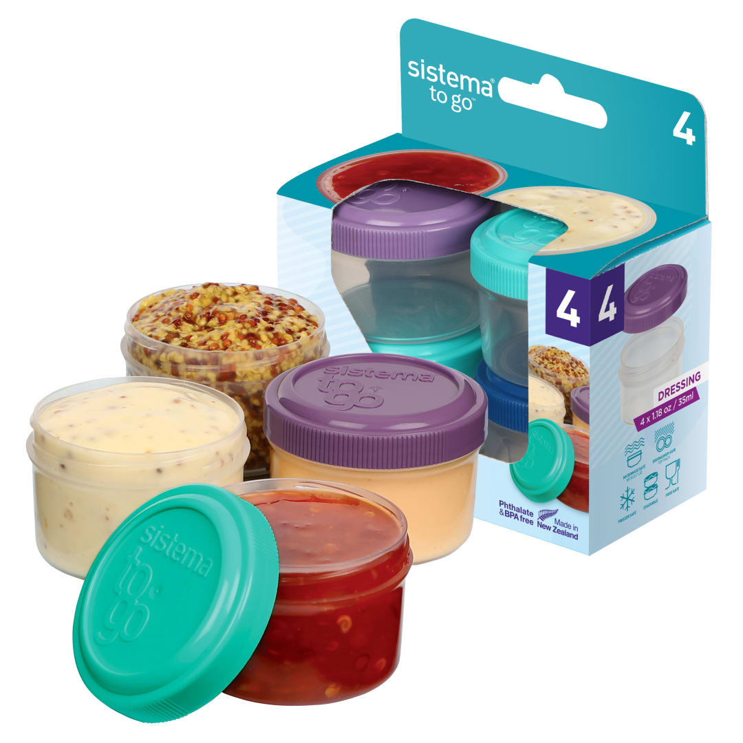 Sistema TO GO tarrinas para aderezos | Salseras con tapas para recipientes para guardar alimentos | 35ml | Tapas azulesverdesrosas y moradas | 4unidades