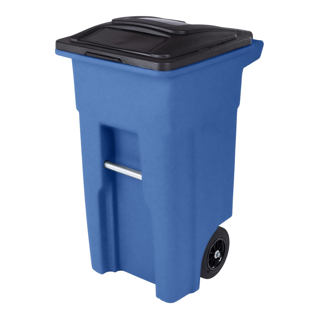 32 Gal. Blue Trash Can with Quiet Wheels and Attached Black Lid
