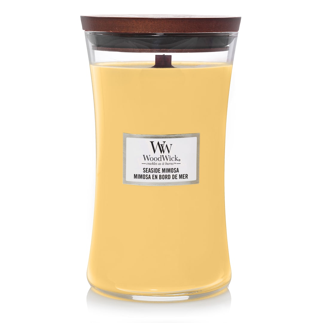 WoodWick vela perfumada grande en forma de reloj de arena con Pluswick InnovationMimosa costera