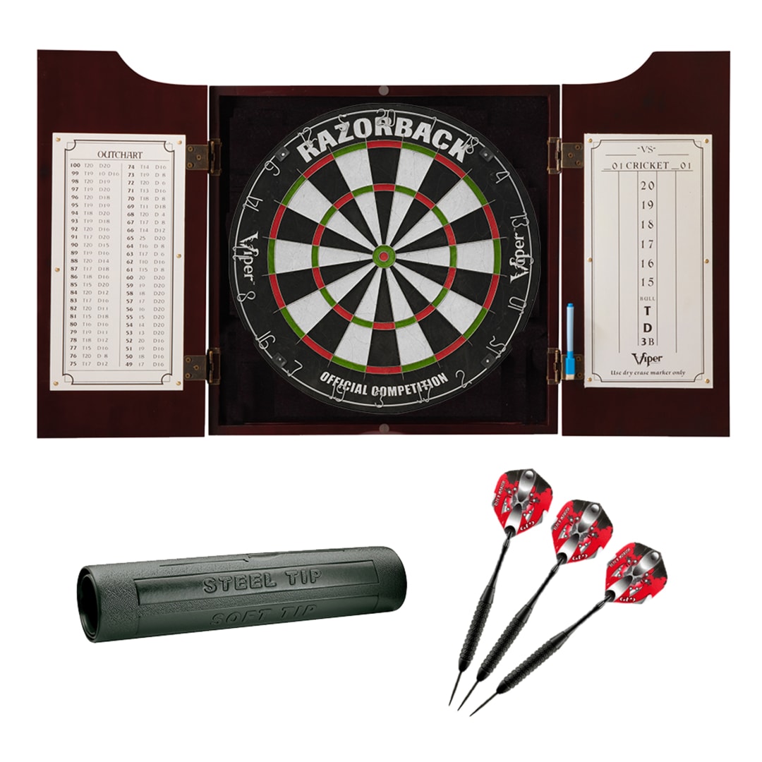 Viper Razorback Sisal/Bristle Dartboard with 22 Gram Steel Tip Darts, Hudson Dartboard Cabinet & Padded Dart Mat