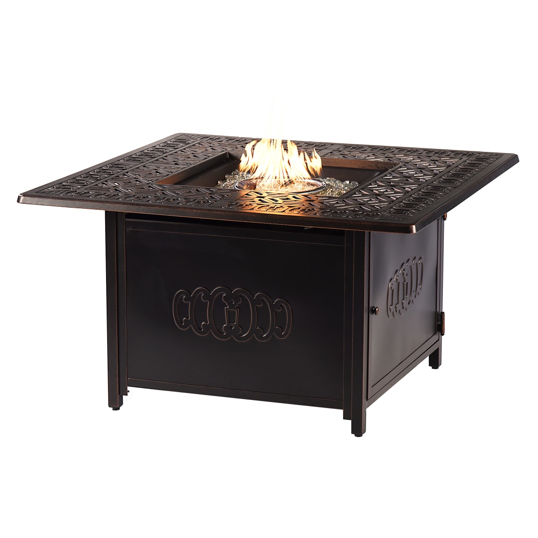 Aluminum Outdoor 42 in. Square Propane Fire Table with Fire Beads, Lid, Propane Tank Cover and Table Fabric Covers in Antique Copper Finish