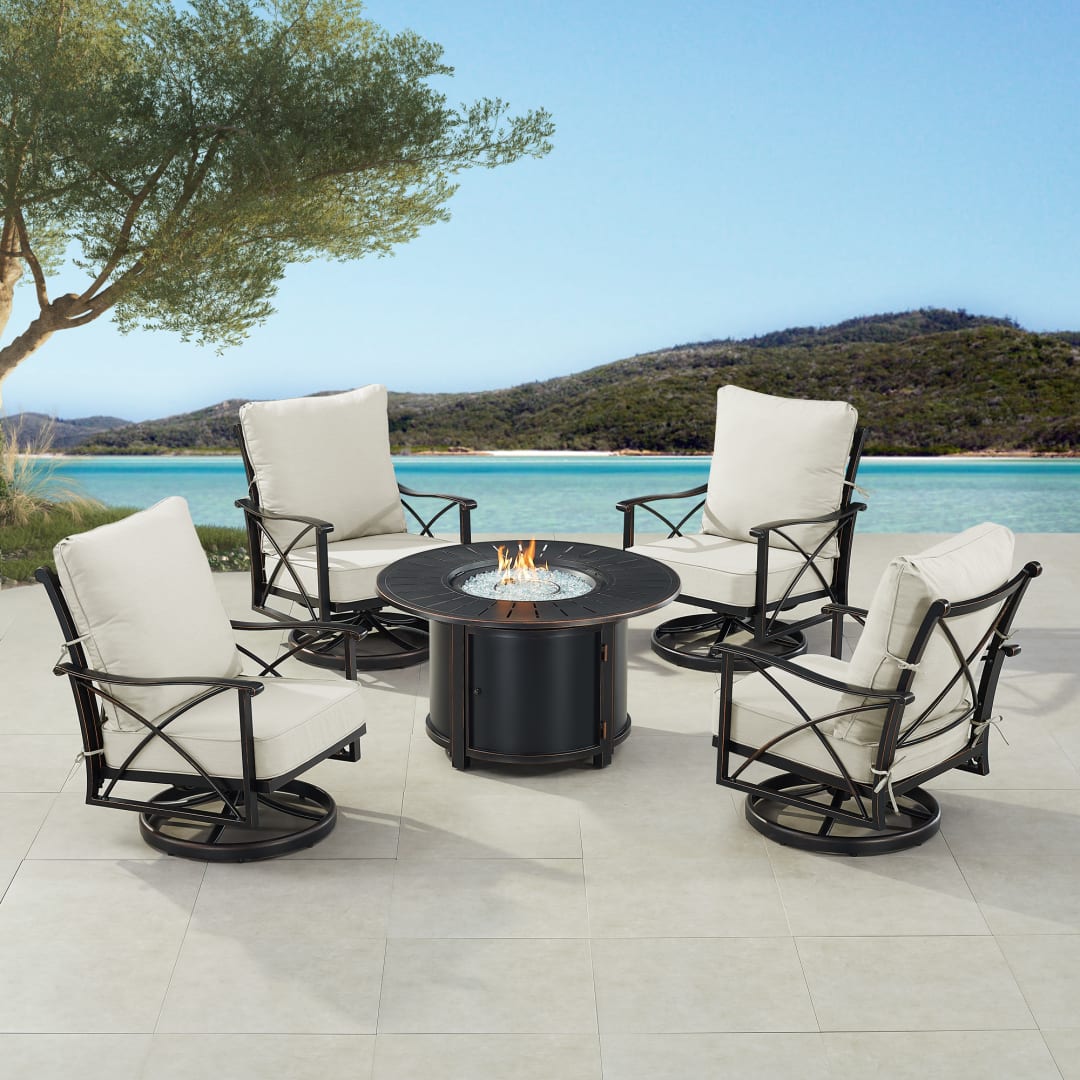Black Aluminum Patio Fire Table Set with Four Club Chairs