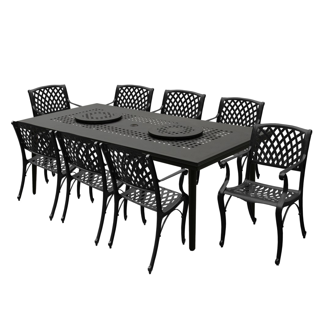 Modern Ornate Outdoor Mesh Aluminum 84-in Large Black Rectangular Patio Dining Set with Two Lazy Susans and Eight Chairs