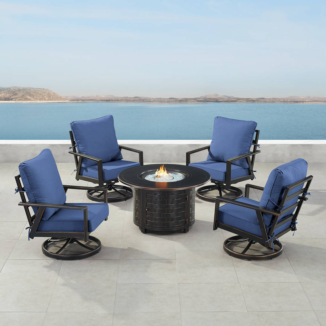 Black Aluminum Patio Fire Table Set with Four Club Chairs