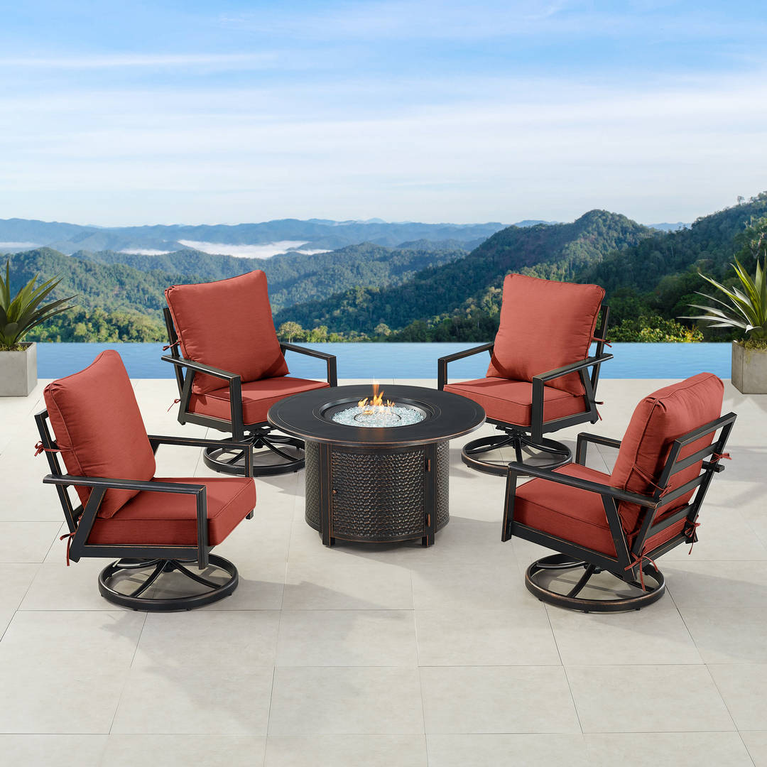 Black Aluminum Patio Fire Table Set with Four Club Chairs