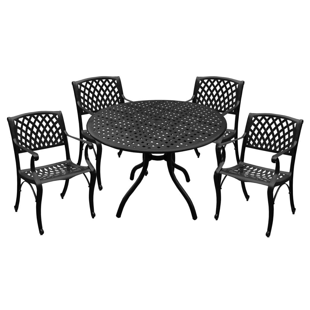 Modern Ornate Outdoor Mesh Aluminum 42-in Black Round Patio Dining Set with Four Chairs