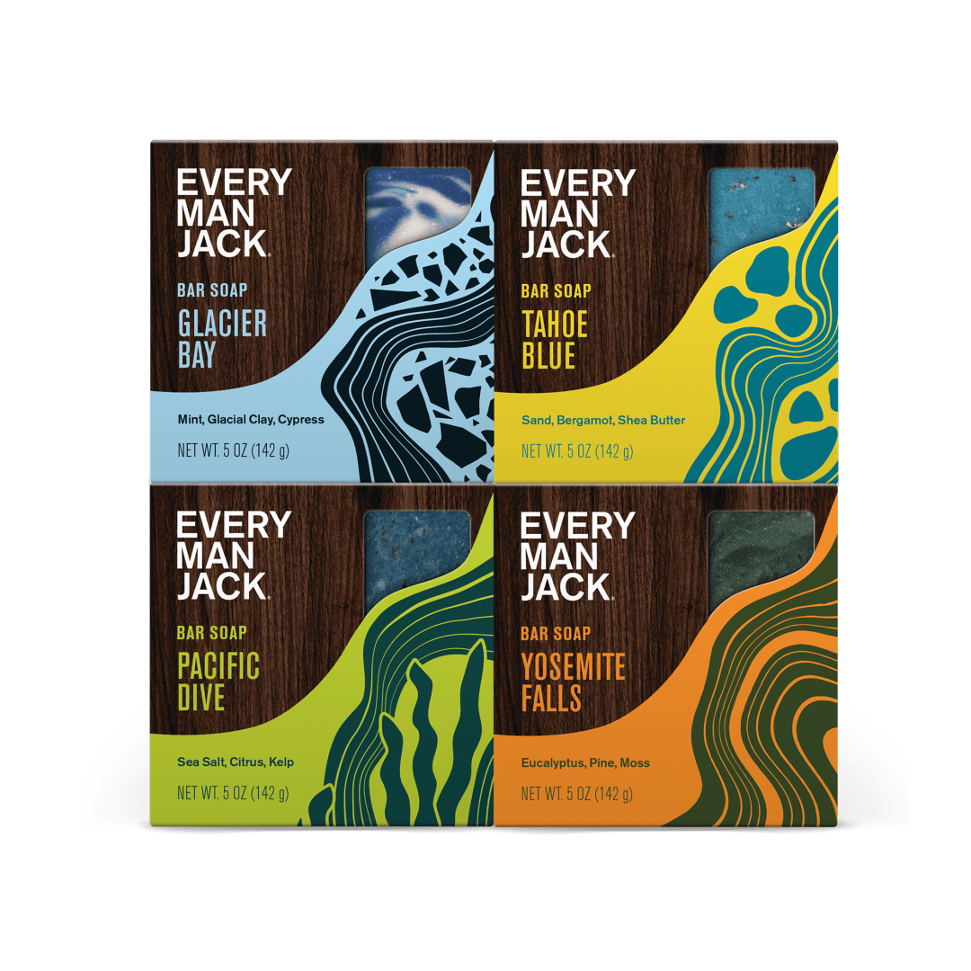 Every Man Jack Cold Plunge Mens Bar Soap Set - Deeply Cleans, Hydrates with Naturally Derived Ingredients - Iconic Cold Water Scents - Pacific Dive, Glacier Bay, Tahoe Blue, Yosemite Falls, 4 Bar Set