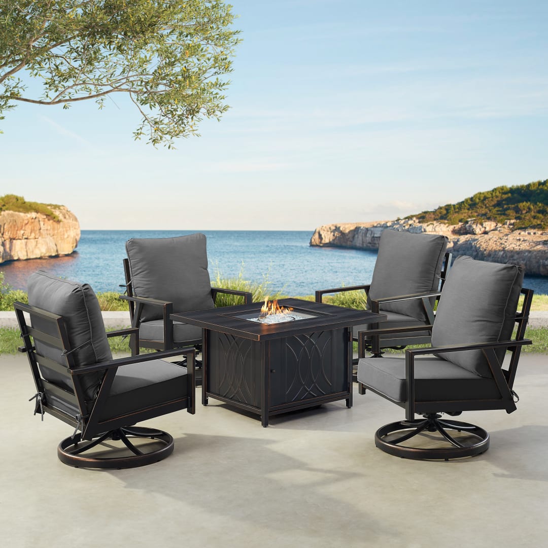 Black Aluminum Patio Fire Table Set with Four Club Chairs
