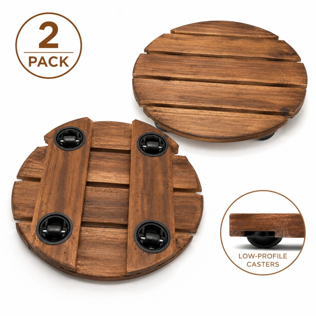 Modern Indoor/Outdoor 12 in. Brown Acacia Wood Round Rolling Plant Caddy, 2-Pack
