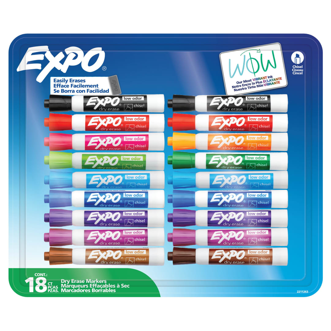EXPO Dry Erase Markers, Low Odor Ink, Assorted Colors, Chisel Tip, 18 Count