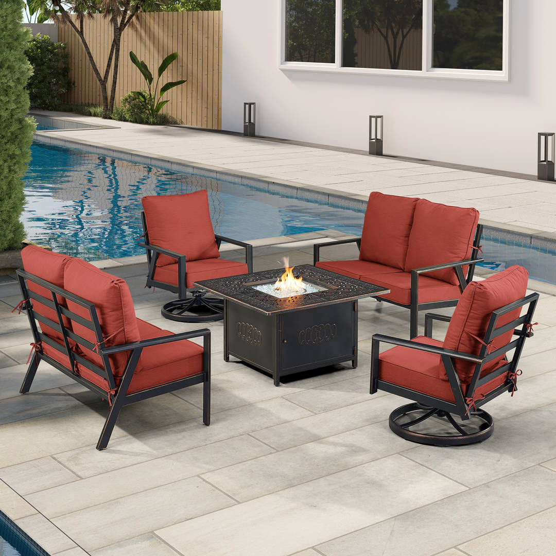 Black Aluminum Patio Fire Table Set with Two Deep Seating Loveseat with Cushions and Two Club Chairs