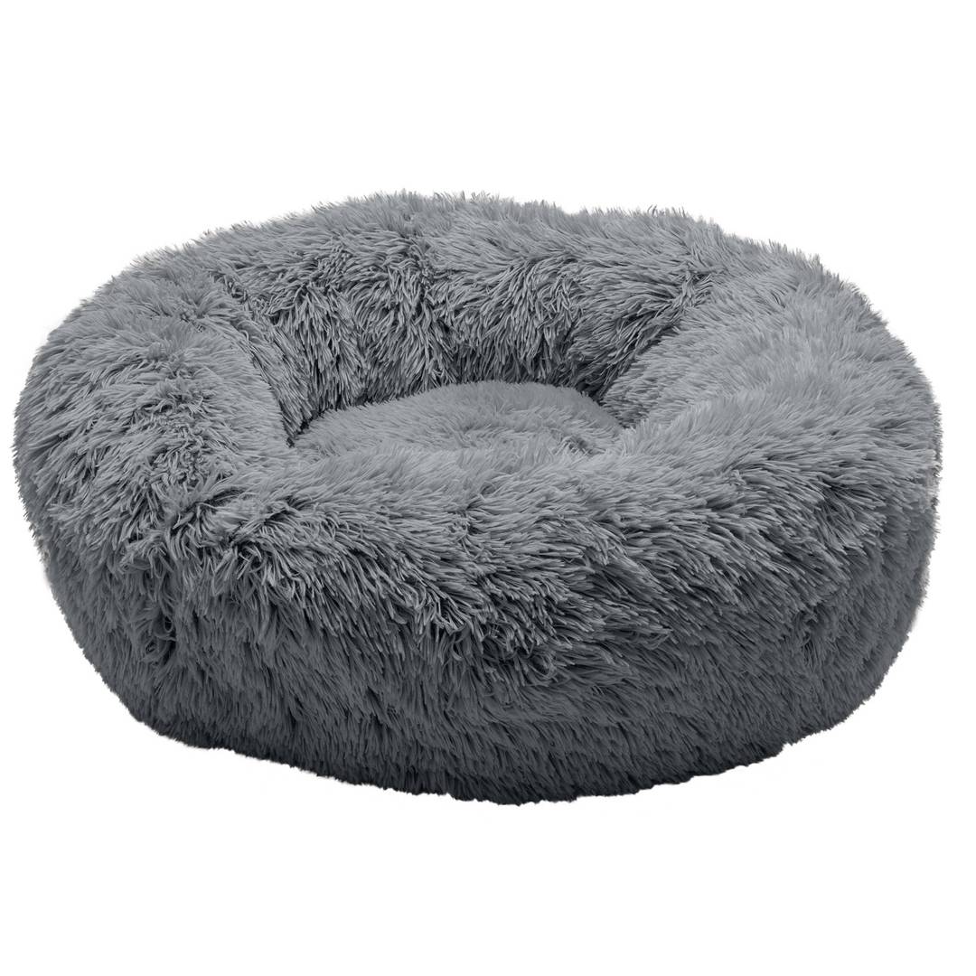 FurHaven Calming Donut Dog Bed for Medium Dogs, Round Plush Donut with Soft Filling for Snuggling Comfort, Removable Washable Cover, Medium, Shaggy Faux Fur, Gray