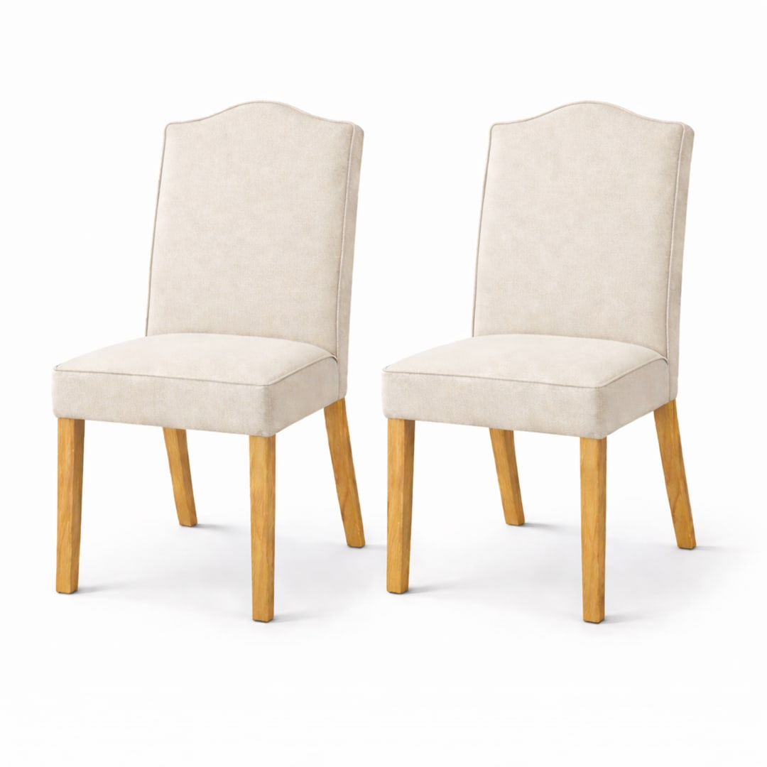 Modern Dining Chairs, Set of 2, Natural Finish with Light Beige Polyester Upholstered Seats Solid Rubberwood