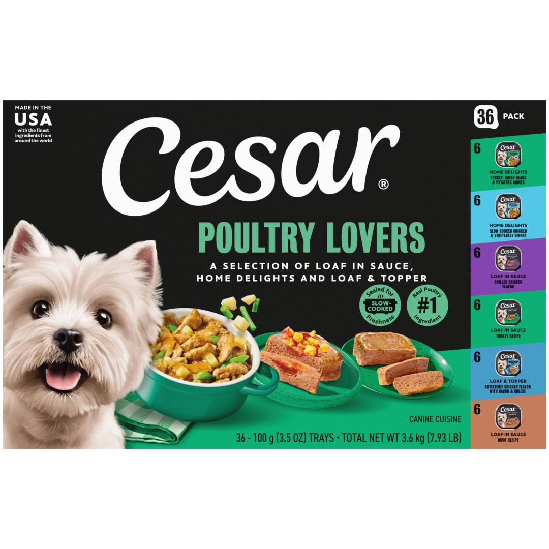 CESAR Wet Dog Food Poultry Lovers Variety Pack with Real Chicken, Turkey or Duck, (36) 3.5 oz. Easy Peel Trays