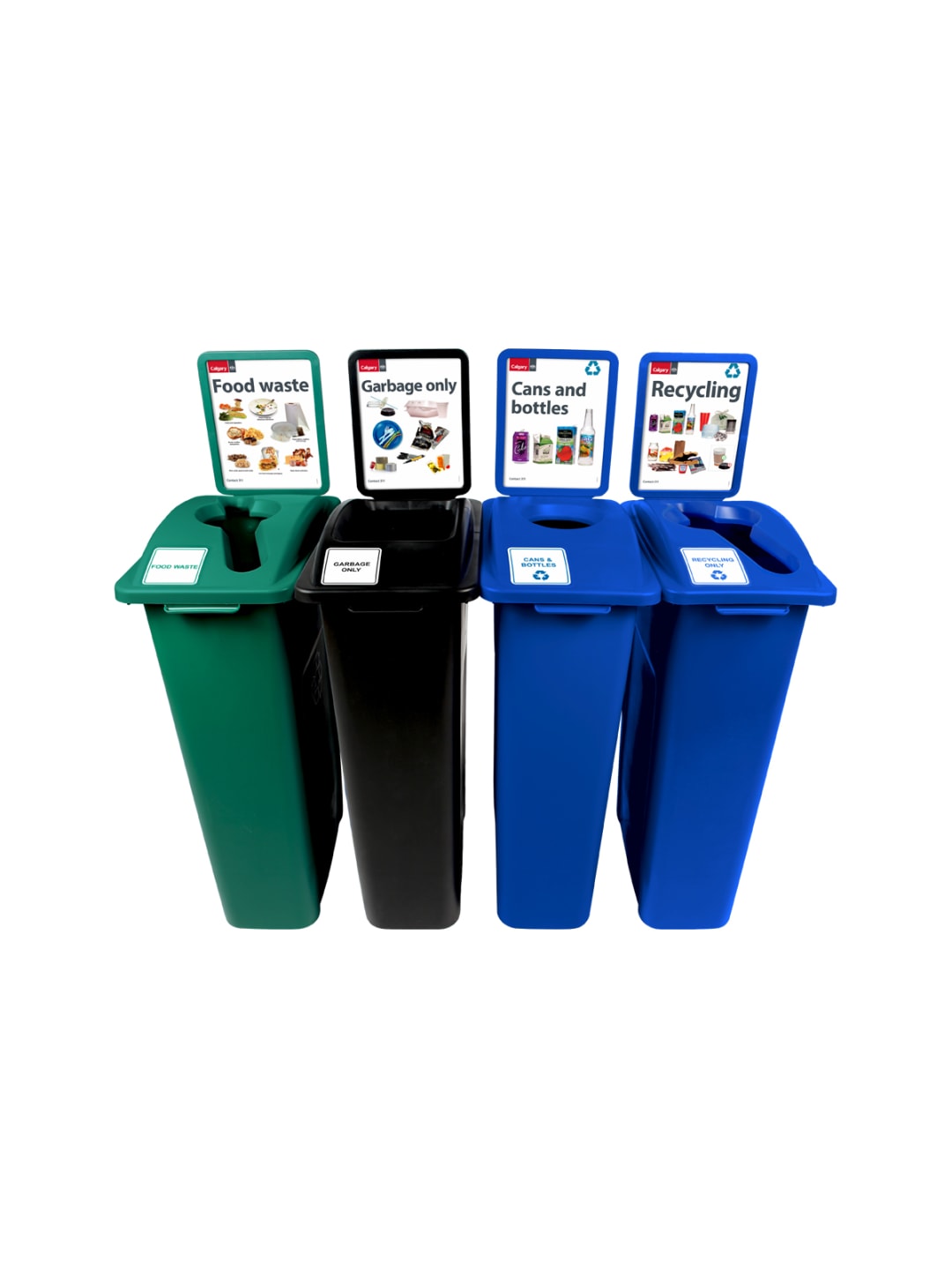  WASTE WATCHER [CU16-001801] - Quad - Kit - Food Waste-Garbage Only-Cans and Bottles-Recycling - Mixed-Full-Circle-Mixed - Green-Black-Blue-Blue