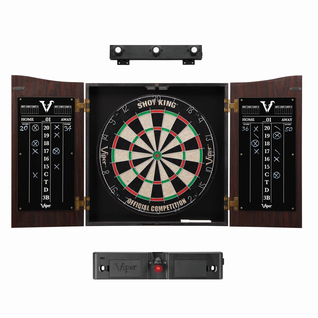 Viper Vault Sisal/Bristle Steel Tip Dartboard & Cabinet Bundle: Elite Set (Shot King Dartboard, Darts, Shadow Buster and Throw Line Light)