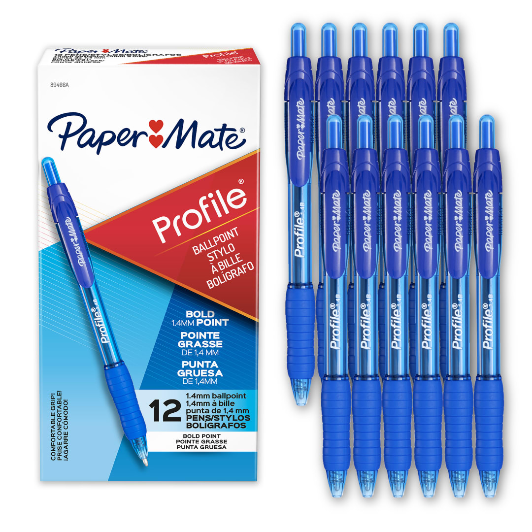 Paper Mate Profile Retractable Ballpoint Pens, Bold Point (1.4 mm), Blue, 12 Count