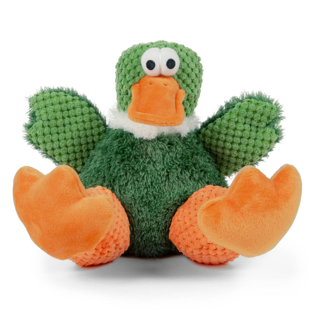 goDog Farm Friends Sitting Duck Squeaky Dog Toy, Plush with Chew Guard Technology, Green, Large
