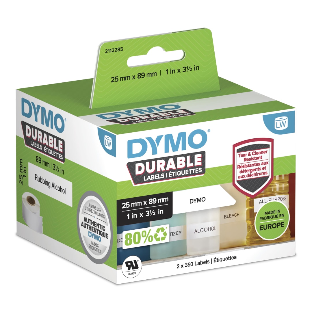 DYMO LW autnticas etiquetas durables | 25mm89mm | 2rollos de 350etiquetas "White Poly" (700unidades) | Etiquetas que duran sobre superficies exigentes para etiquetadoras LabelWriter