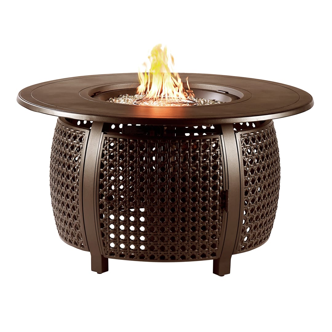 Round 44 in. x 44 in. Aluminum Propane Fire Pit Table with Glass Beads, Two Covers, Lid, 55,000 BTUs in Brown Finish