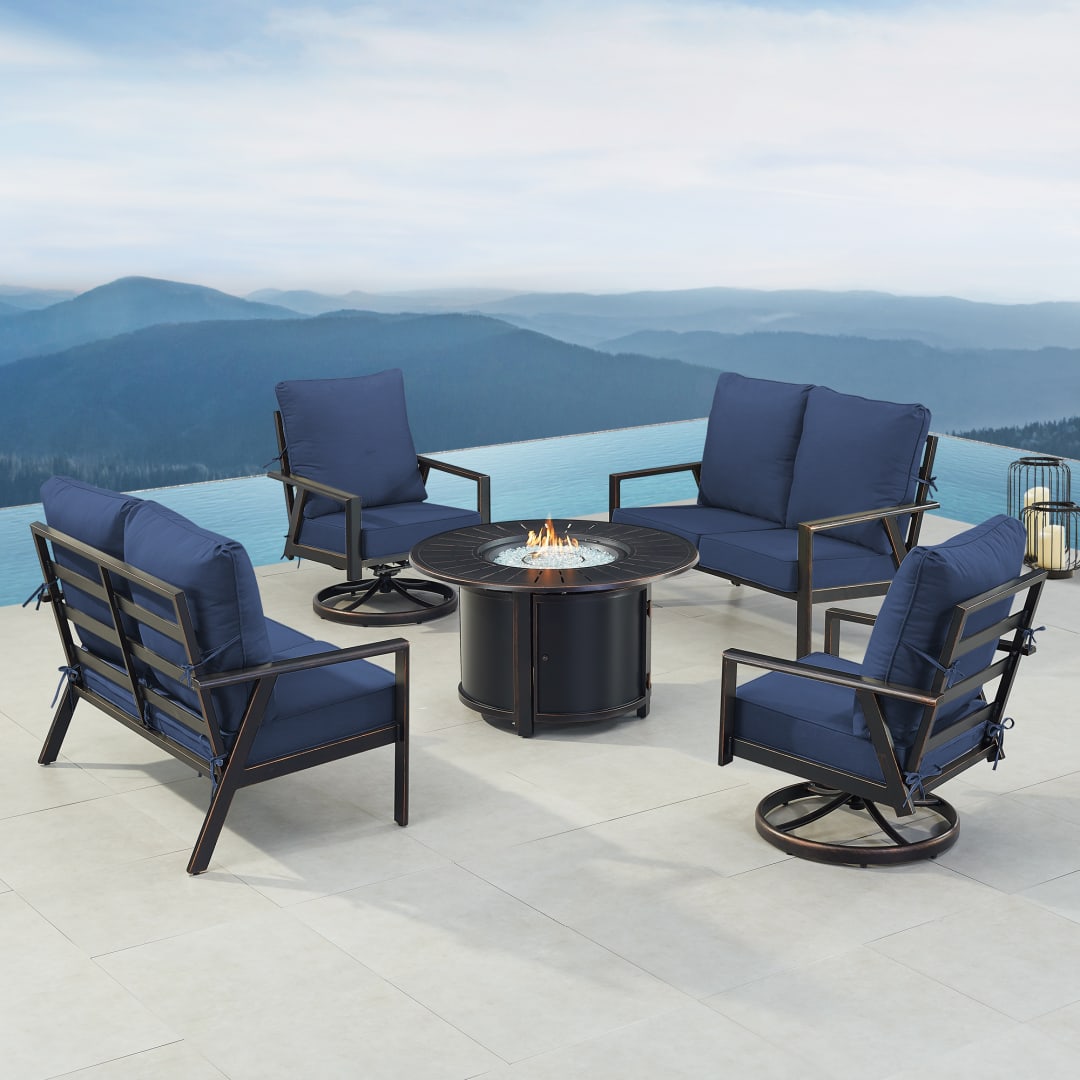 Black Aluminum Patio Fire Table Set with Two Deep Seating Loveseat with Cushions and Two Club Chairs