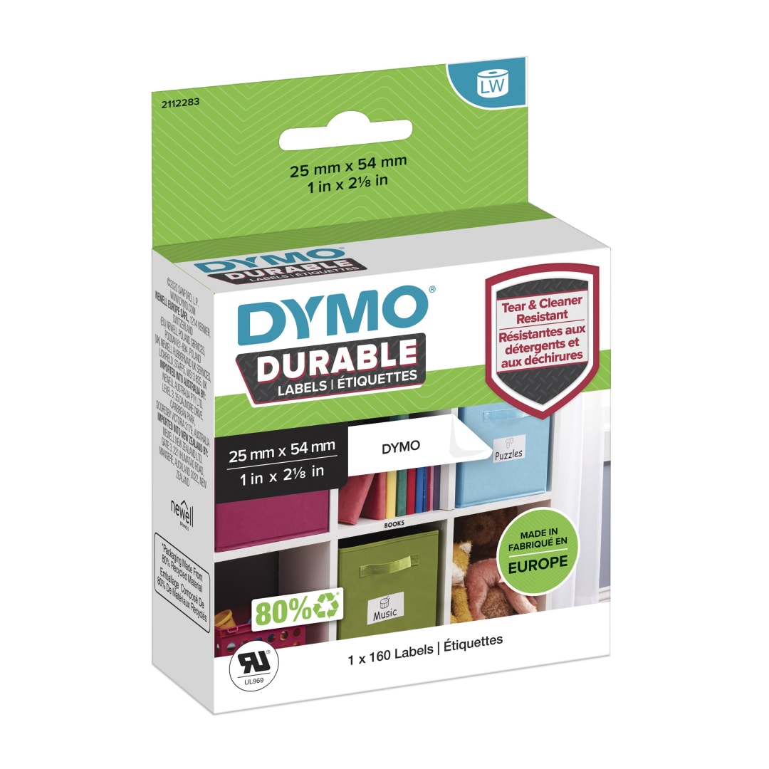 DYMO Original LabelWriter Etiquetas duraderas | 25 mm x 54 mm | Polister blanco | 160 etiquetas autoadhesivas | Alto rendimiento | Para etiquetadoras LabelWriter