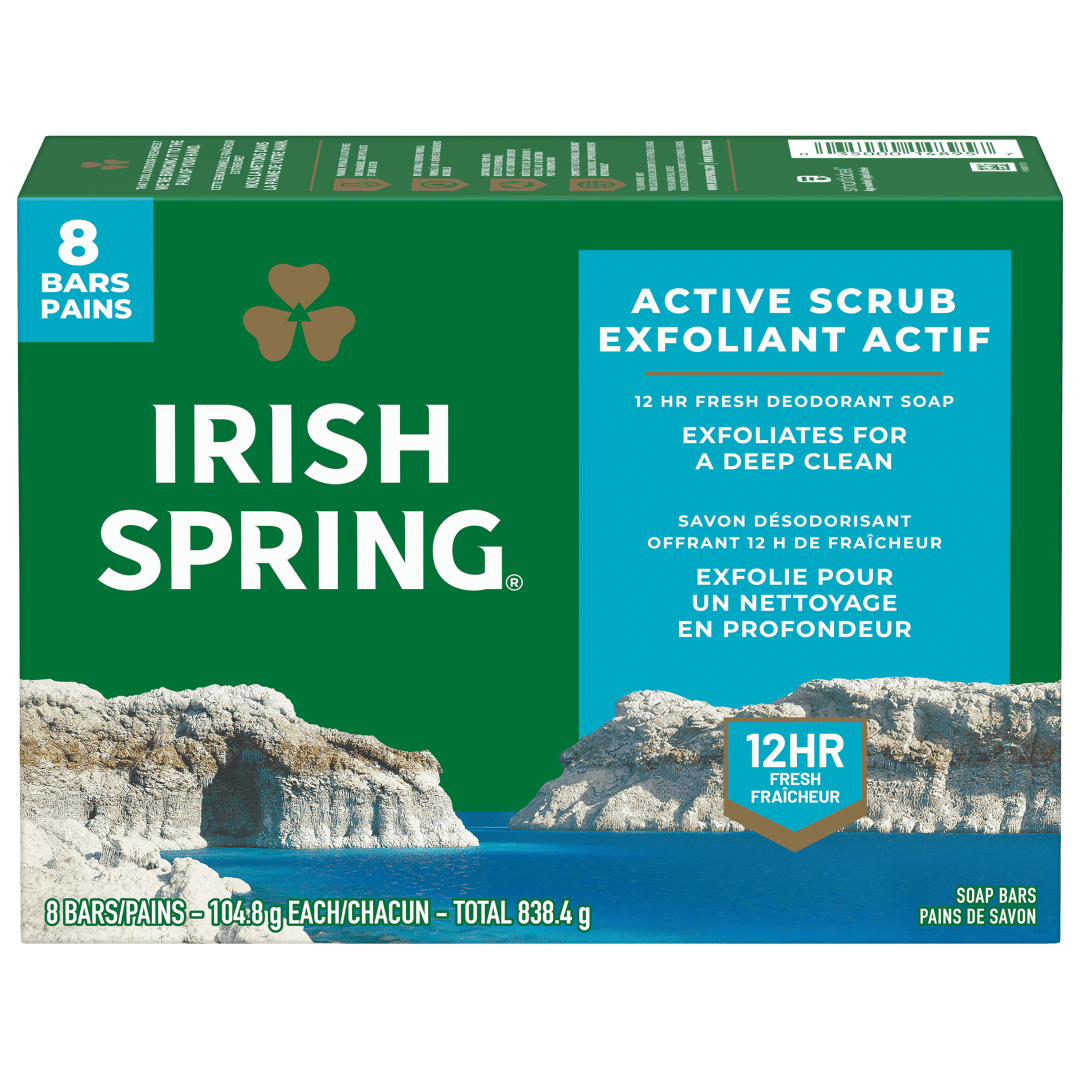 Pain de savon exfoliant Irish Spring Active Scrub pour homme, Avec huile de lin, Savon désodorisant offrant 12 heures de fraîcheur, Pain de 104,8 g (lot de 8)