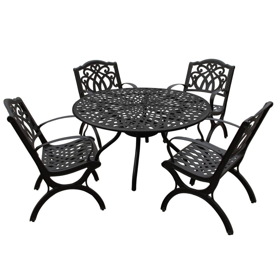 Modern Ornate Outdoor Mesh Aluminum 48-in Black Round Patio Dining Set with Four Chairs