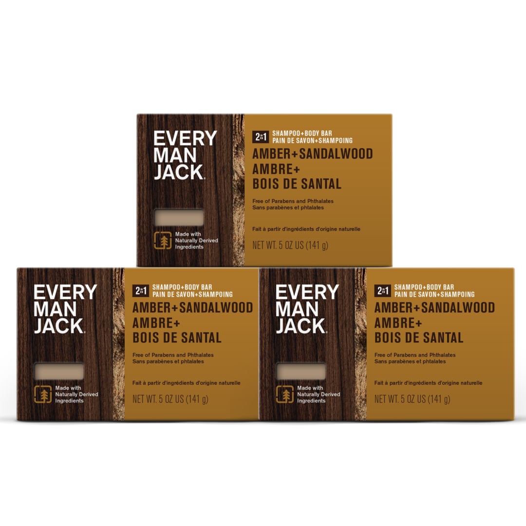 Every Man Jack Amber + Sandalwood Soap Bar for Body and Hair - Bar Soap for Men with Shea Butter, Aloe Vera, and Glycerin to Deep Clean, Hydrate, and Soothe Skin - Naturally Derived, Zero Harmful Chemicals - 3 Pack