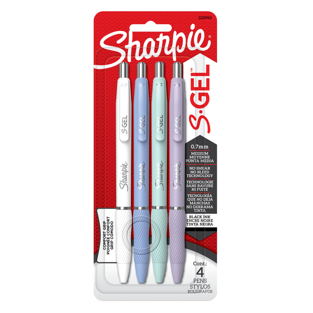 Sharpie S-Gel, Gel Pens, Medium Point (0.7mm), Assorted Fashion Barrels, Black Ink, 4 Count