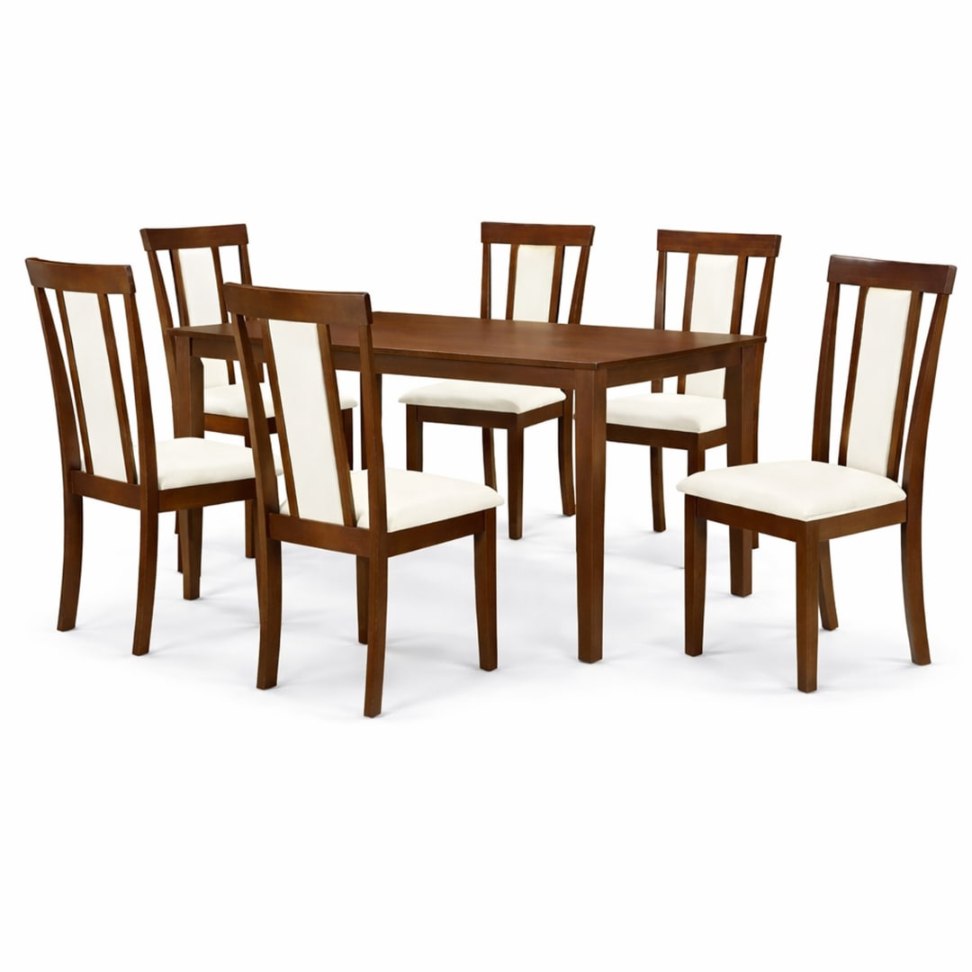 Traditional 7-Piece 59 Inch Rectangular Dining Set, Dirty Oak Finish with Beige Polyester Upholstered Chairs, Solid Rubberwood