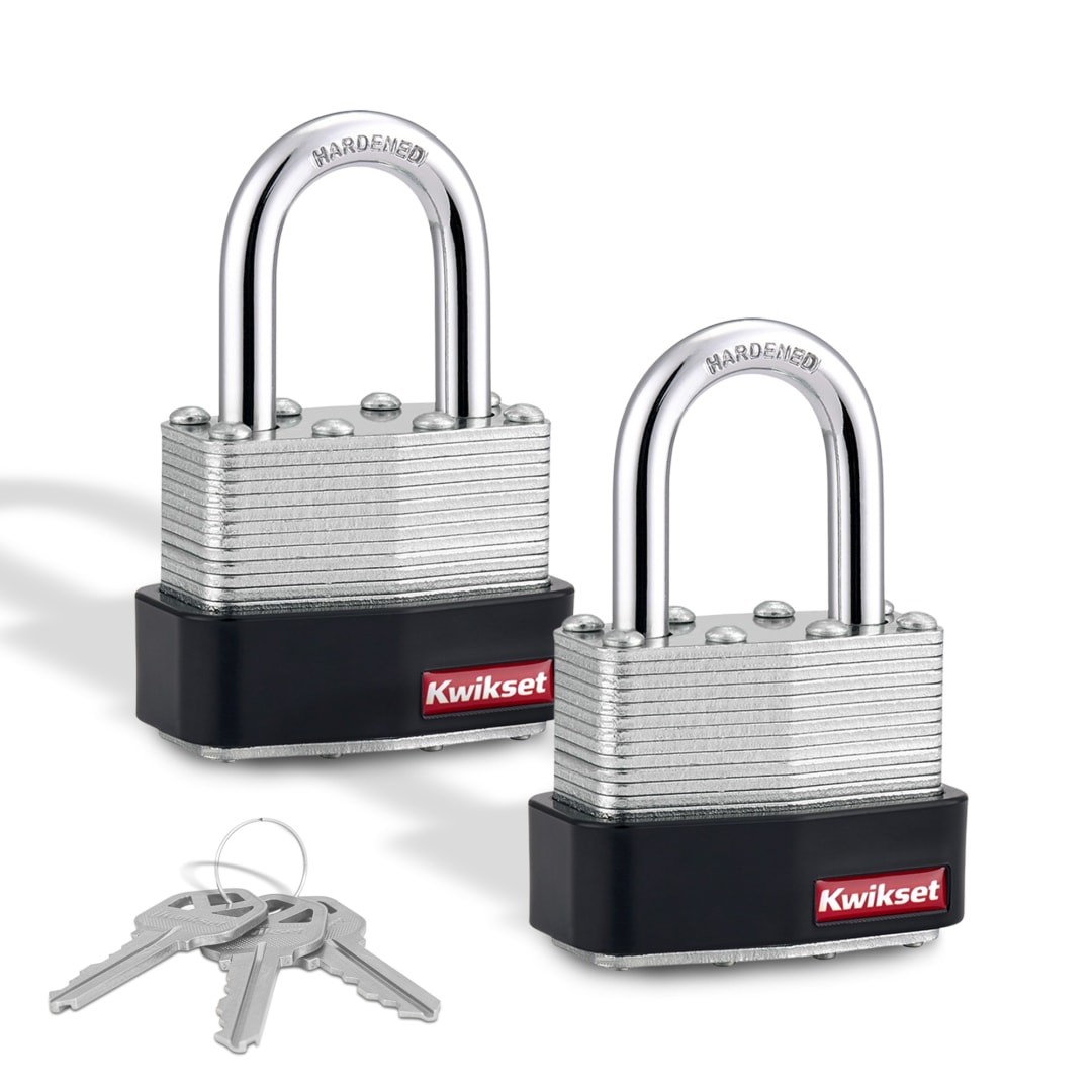 Kwikset Laminated Steel Padlock with Hardened Steel Shackle, 1-3/4 in Body, 1-1/16 in Shackle, 2 Pack