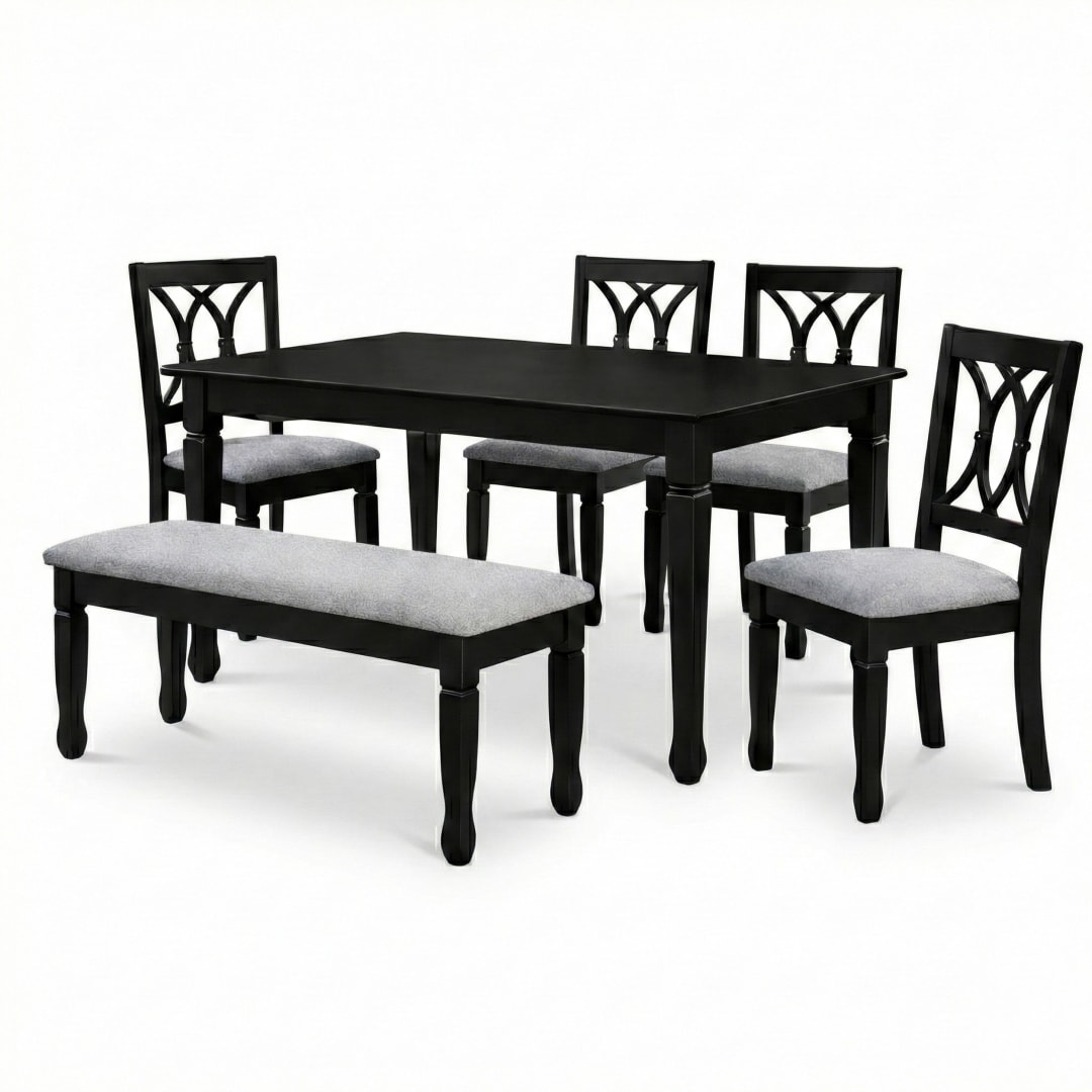 Traditional 6-Piece 63 Inch Rectangular Dining Set, Black Finish with Grey Polyester Upholstered Seating, Solid Rubberwood