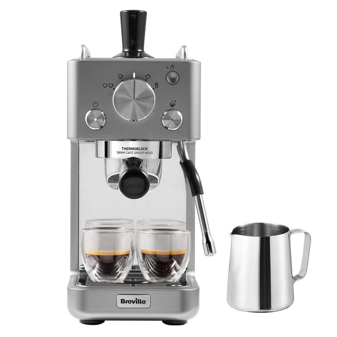 Breville Barista Slimline Cafetera espresso | Espumador de leche integrado | Cafetera compacta para capuchinoscafés latte y más | Bomba de 15 bar | Plata [VCF185X]