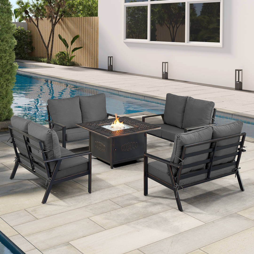 Black Aluminum Patio Fire Table Set with Four Deep Seating Loveseats with Cushions
