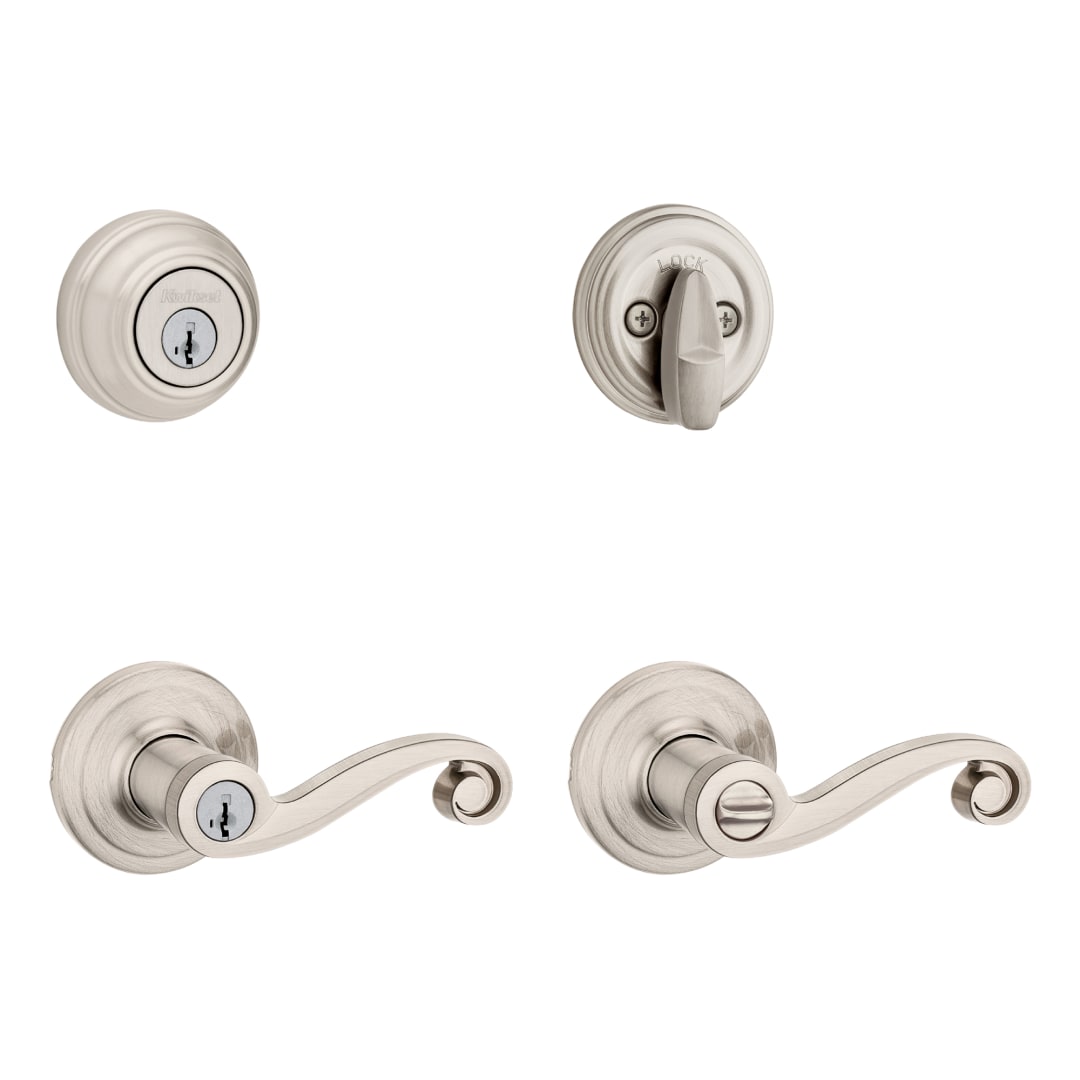 Lido Satin Nickel Single Cylinder Deadbolt and Keyed Entry Front Door Handle Combo Set Featuring SmartKey Security
