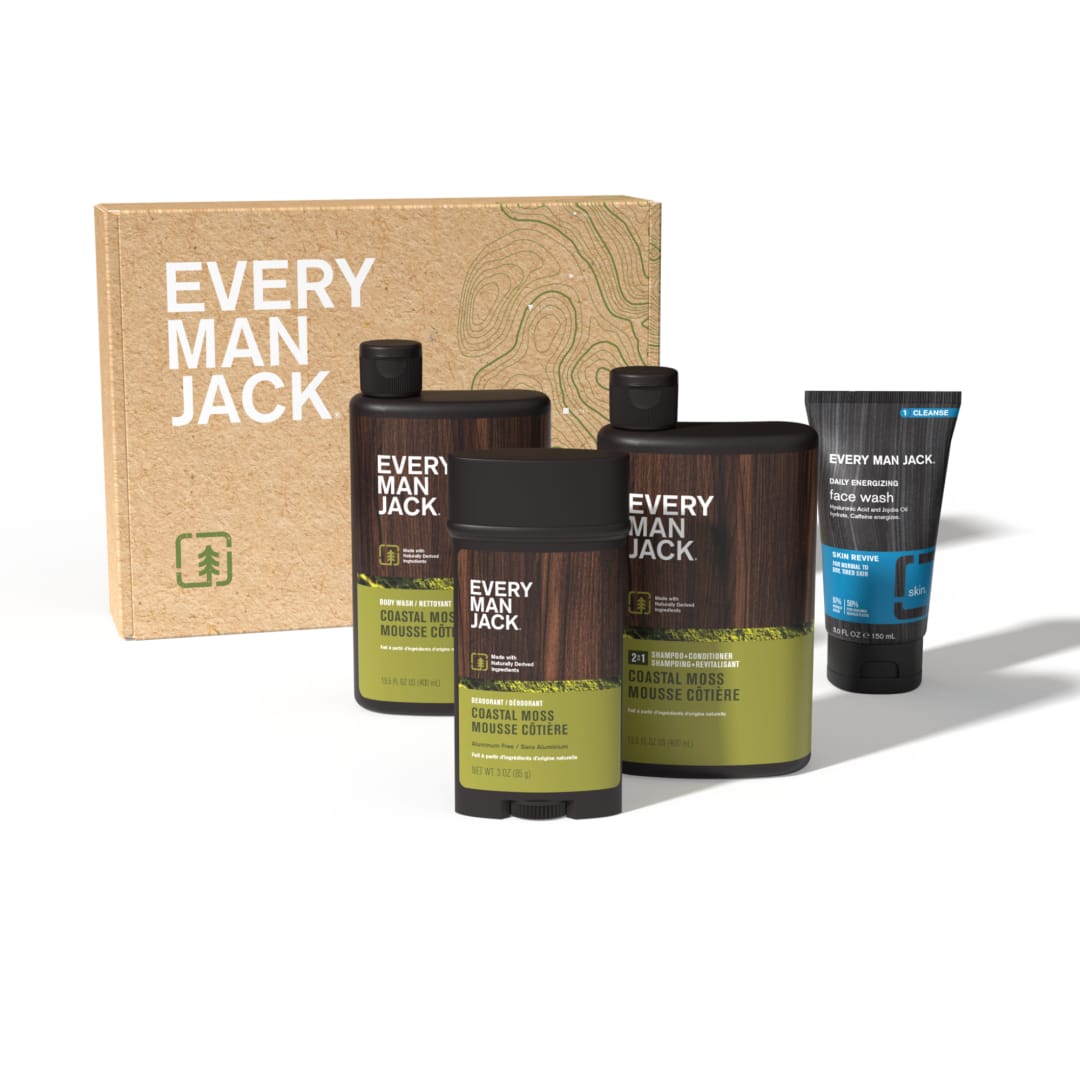 Every Man Jack Men’s Coastal Moss Body Set - Bath and Body Gift Set with Clean Ingredients & A Vetiver and Spicy Citrus Scent - Round Out His Routine with Body Wash, 2-in-1 Shampoo, Deodorant & Face Wash