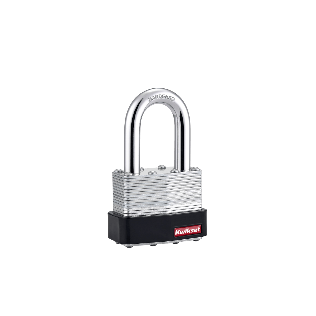 Kwikset Laminated Steel Padlock with Hardened Steel Shackle, 2 in Body, 1-1/2 in Shackle, 1 Pack