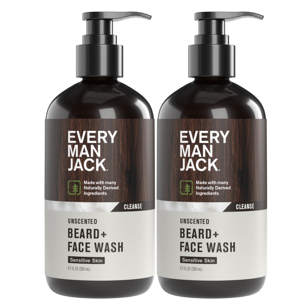 Every Man Jack Unscented Beard + Face Wash - Fragrance Free for Sensitive Skin - Naturally Cleanse and Condition Your Beard and Skin - 6.7 fl. oz (2 Pack)