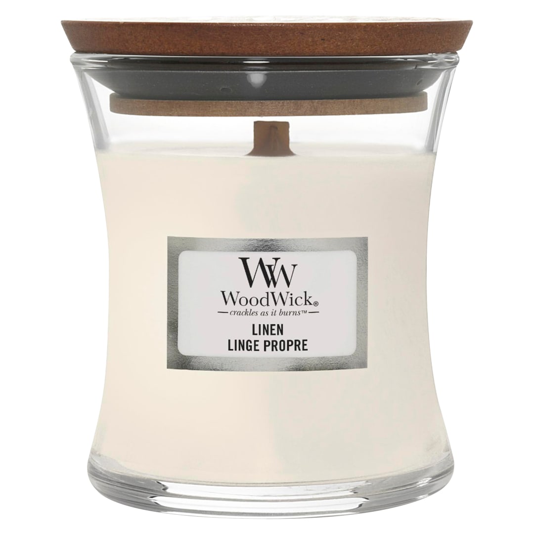 WoodWick Vela perfumada con mecha crepitante | Vela Mini Hourglass de lino | Hasta 20 horas de tiempo de combustión | Regalos perfectos para mujeres