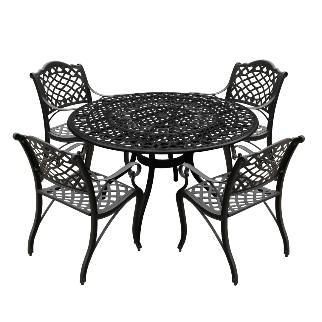 Modern Ornate Outdoor Mesh Aluminum 48-in Black Round Patio Dining Set with Four Chairs