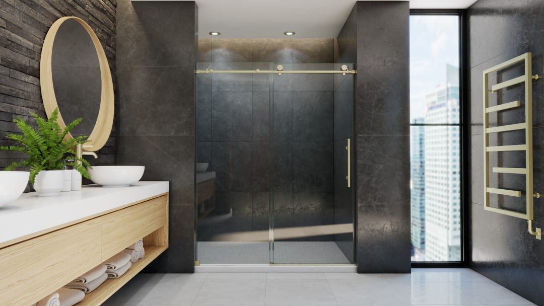 DreamLine Enigma-X 56-60 inch W x 76 inch H Fully Frameless Sliding Shower Door Brushed Gold