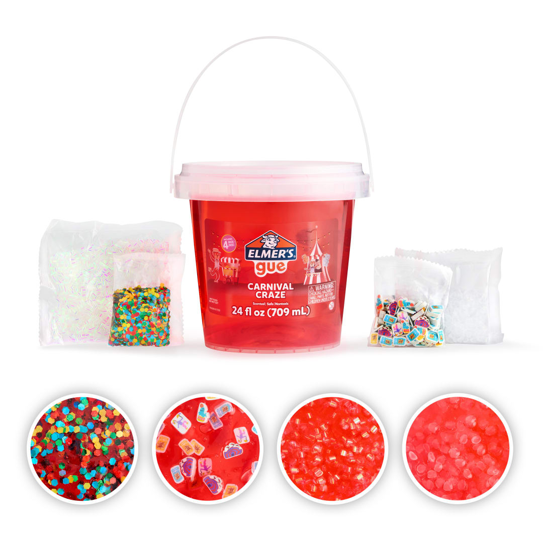 Elmer’s Gue Premade Slime, Carnival Craze, Red Clear Slime, Includes 4 Sets of Unique Mix-ins, 1.5-Lb. Bucket