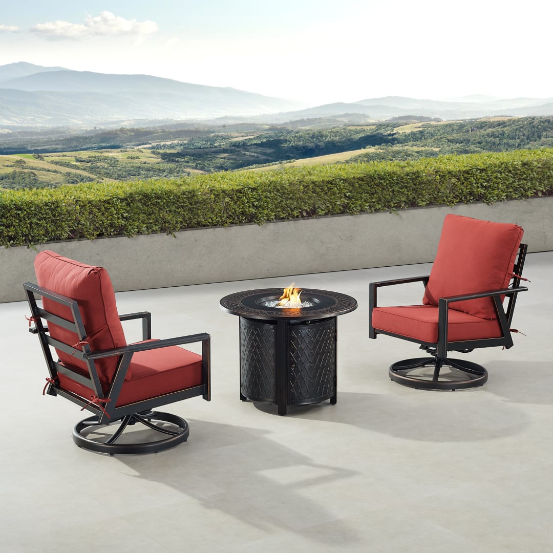 Black Aluminum Patio Fire Table Bistro Set with Two Club Chairs
