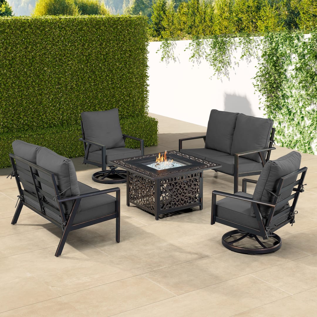 Black Aluminum Patio Fire Table Set with Two Deep Seating Loveseat with Cushions and Two Club Chairs