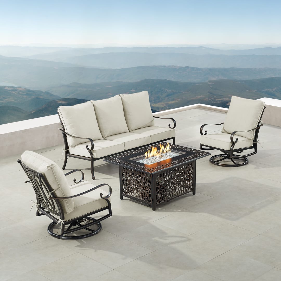 Black Aluminum Patio Fire Table Set with Deep Seating Sofa with Cushion and Two Club Chairs